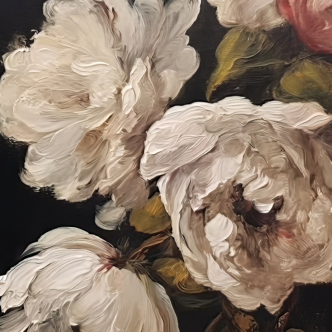White And Blush Peonies On Dark Background Moody Floral Oil Poster - Image 2