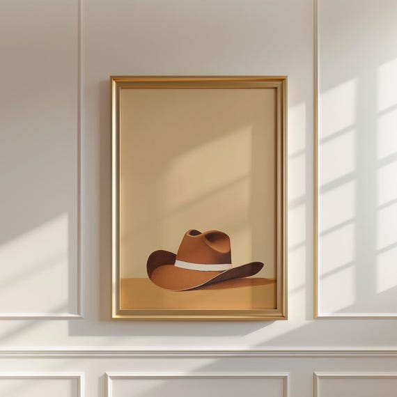 Vintage Cowboy Hats Art Print Cozy Mid Century Modern Western Painting Trendy Wall Decor Gift For Western Art Lover