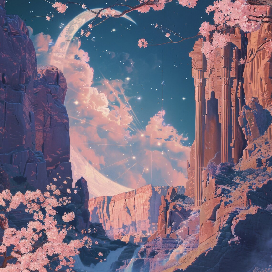 Fantasy Pink Canyon Cherry Blossoms Moonlit Waterfall Dream Poster - Image 2