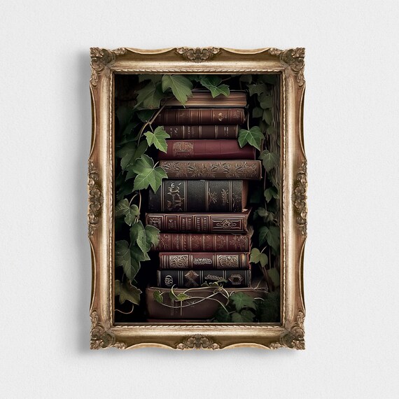 Antique Leather Books Stack With Ivy Dark Academia Art Poster