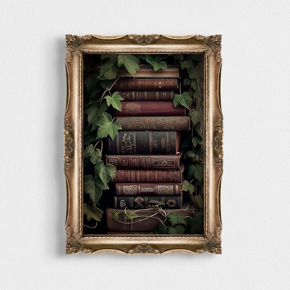 Dark Academia Books Print Moody Bookish Art Bookshelf Dark Decor Gothic Desk Decoration Literary Wall Art Vintage Poster