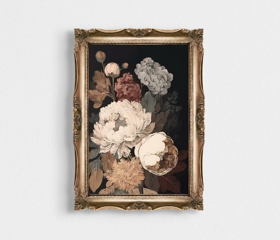 Moody Dark Flower Print Vintage Art Print Peony Wall Art Vintage Flower Still Life Painting Wall Art Vintage Botanical Print