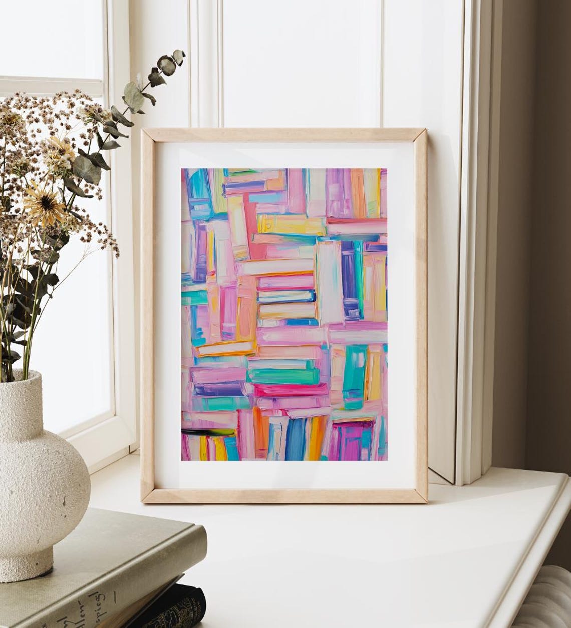 Neon Pastel Abstract Books Stack Painting Colorful Book Art Poster - Image 4