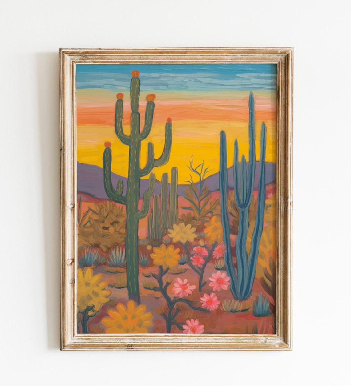 Desert Sunset Saguaro Cacti Wildflowers Southwest Landscape Poster