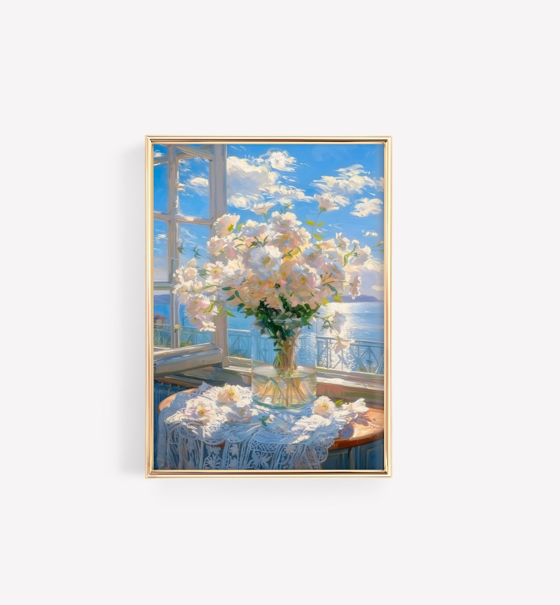 White Summer Blossoms Open Window Overlooking Sea Lace Art Poster - Image 2