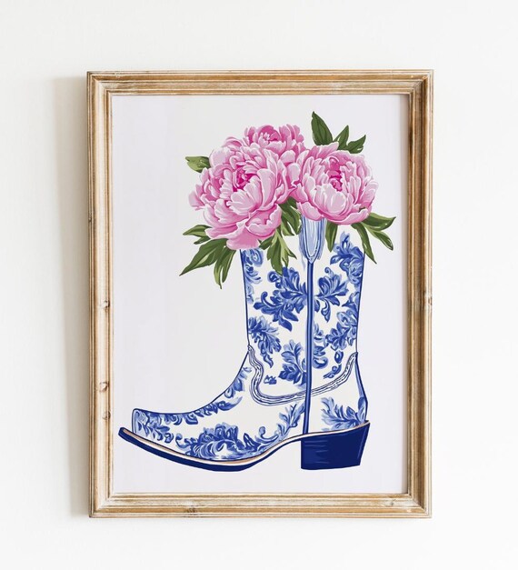 Chinoiserie Cowboy Boot With Pink Peonies Western Floral Wall Poster