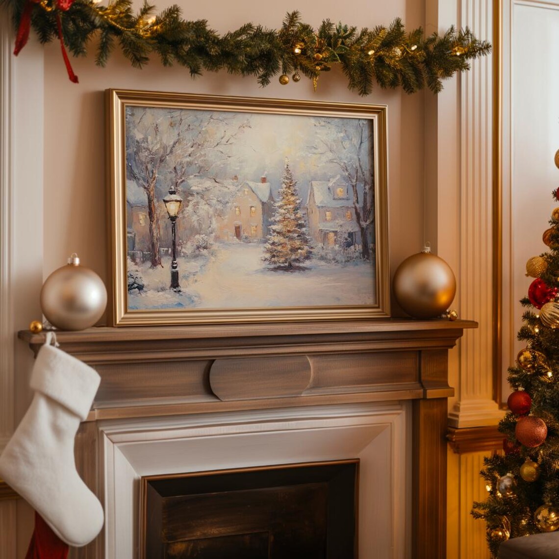 Snowy Neighborhood Street With Lit Christmas Tree At Night Poster - Image 3