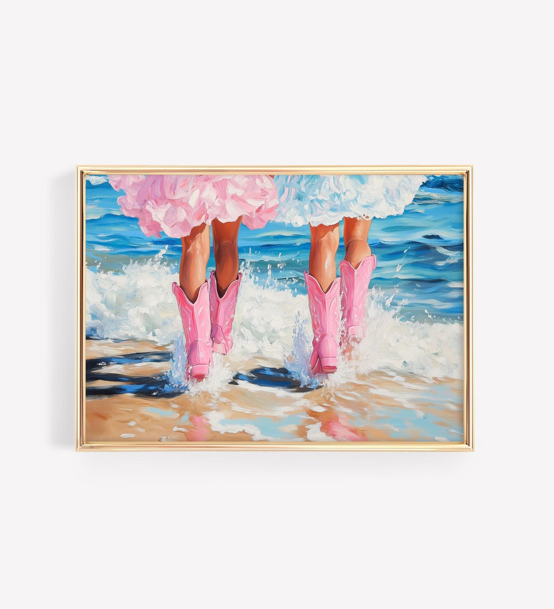 Pink Preppy Cowgirl Boots Art Print Girly Dorm Trendy Coastal Wall Art Decor Cowgirl Boots Ocean Print Oil Painting - Image 3