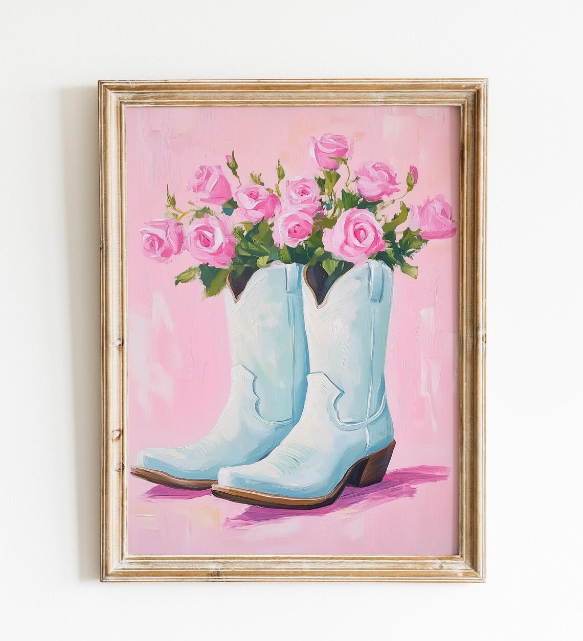 Cowboy Boots Filled With Pink Roses Western Floral Oil Painting Poster
