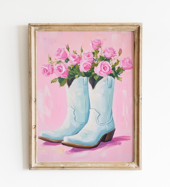 Cowboy Boots Filled With Pink Roses Western Floral Oil Painting Poster