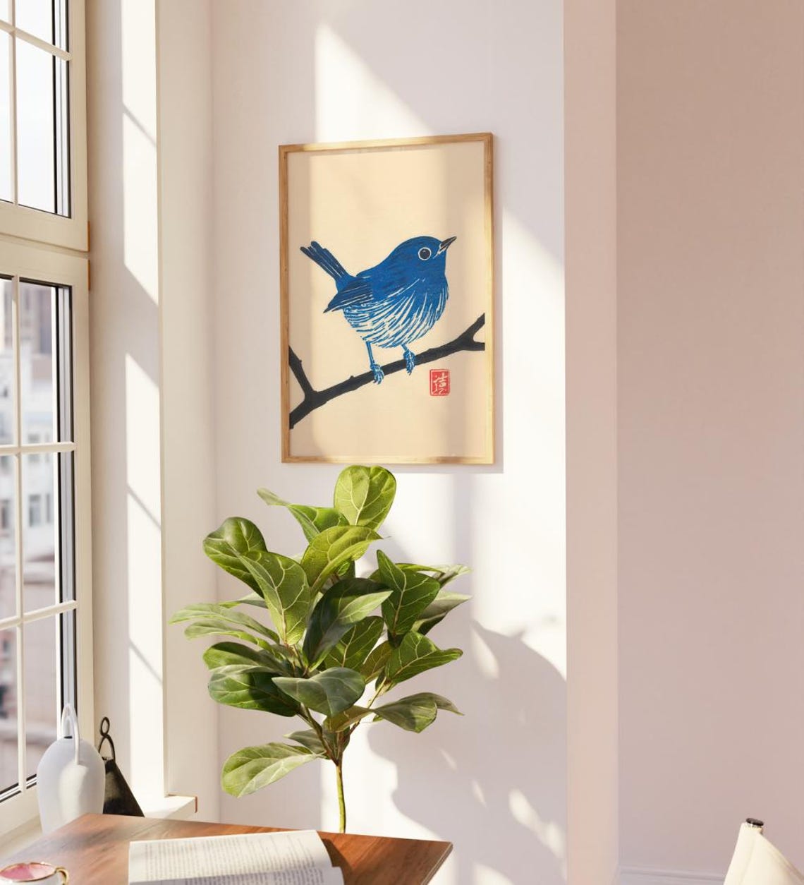Bright Blue Songbird Resting On Branch Japanese Woodblock Print - Image 4