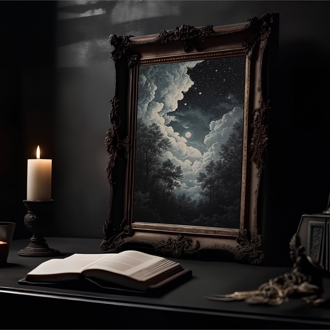 Moon Behind Parted Clouds Starry Gray Night Sky Painting Poster - Image 2