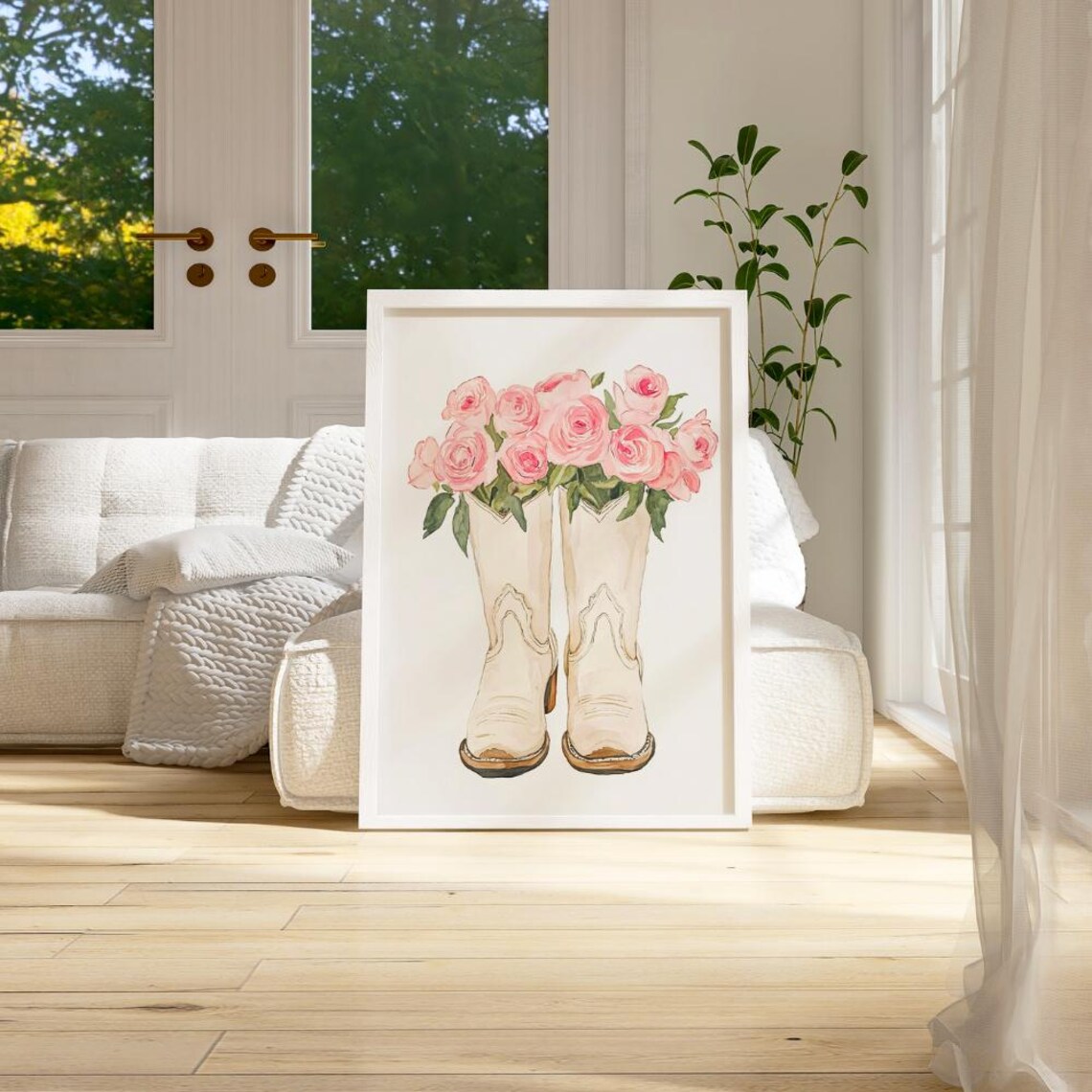 White Cowboy Boots With Pink Roses Western Watercolor Girl Wall Poster - Image 2