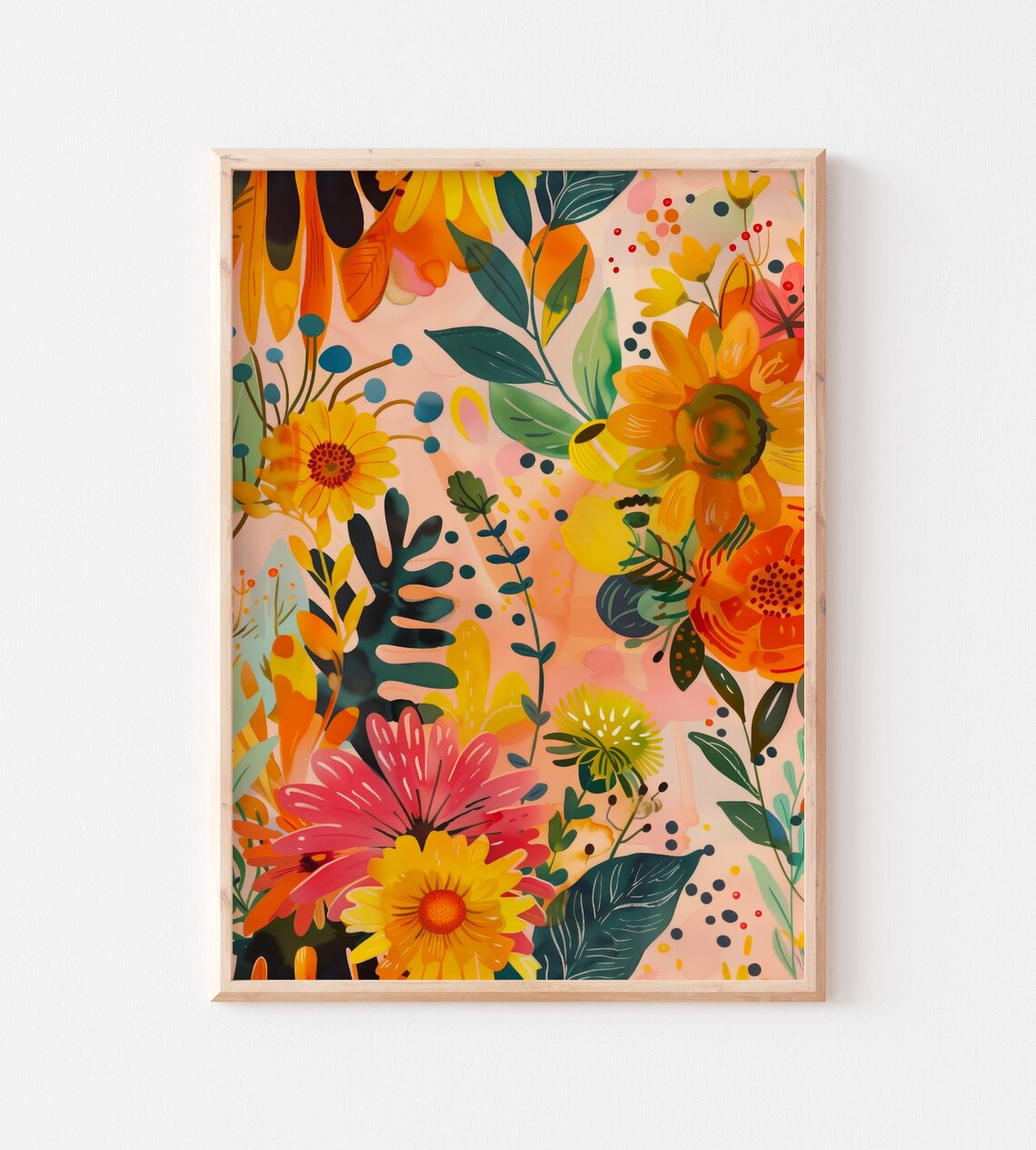 Warm Abstract Floral Garden Sunflowers Daisies Gouache Style Art Print - Image 3