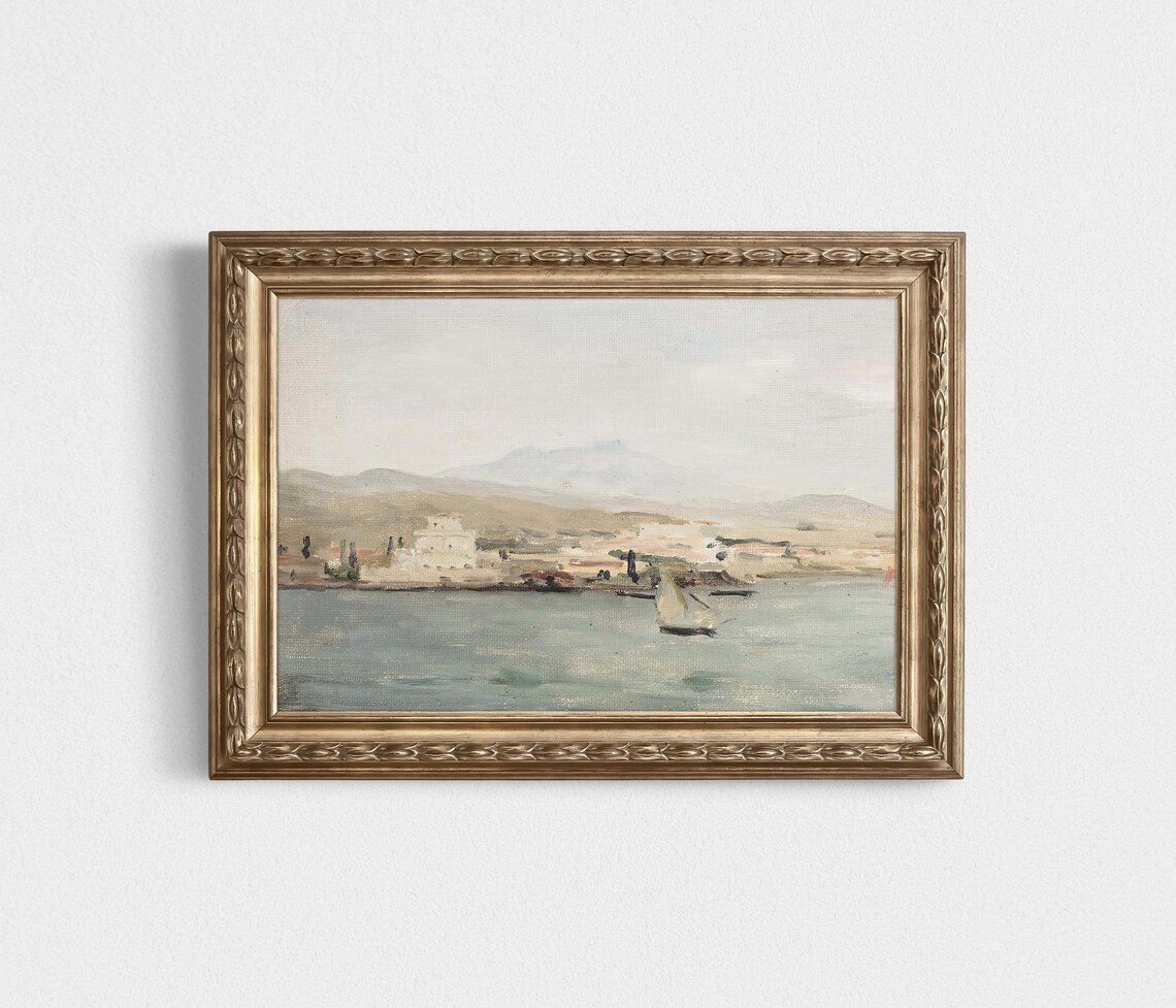Muted Coastal Seascape With Sailboat Vintage Shore Painting Print - Image 3