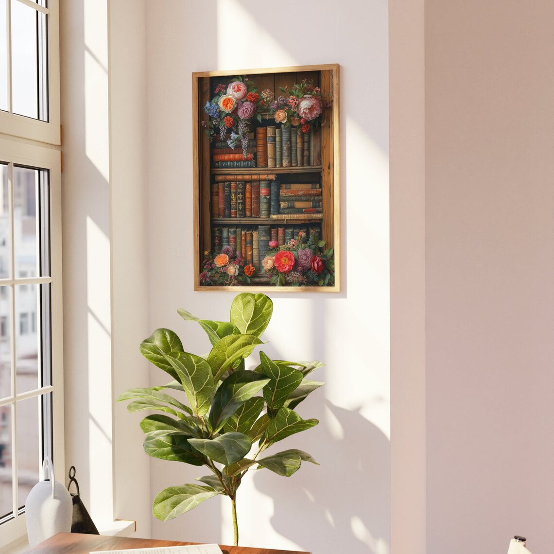 Vintage Bookshelf With Roses Old Books Floral Library Art Poster - Image 2