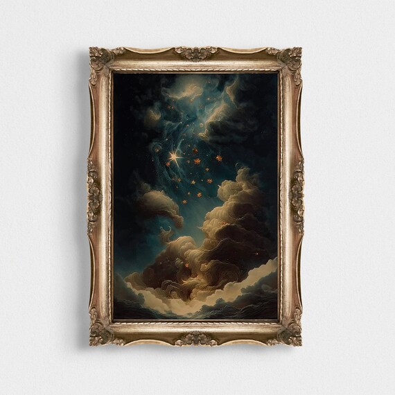 Golden Stars Swirling Dark Clouds Celestial Night Art Poster