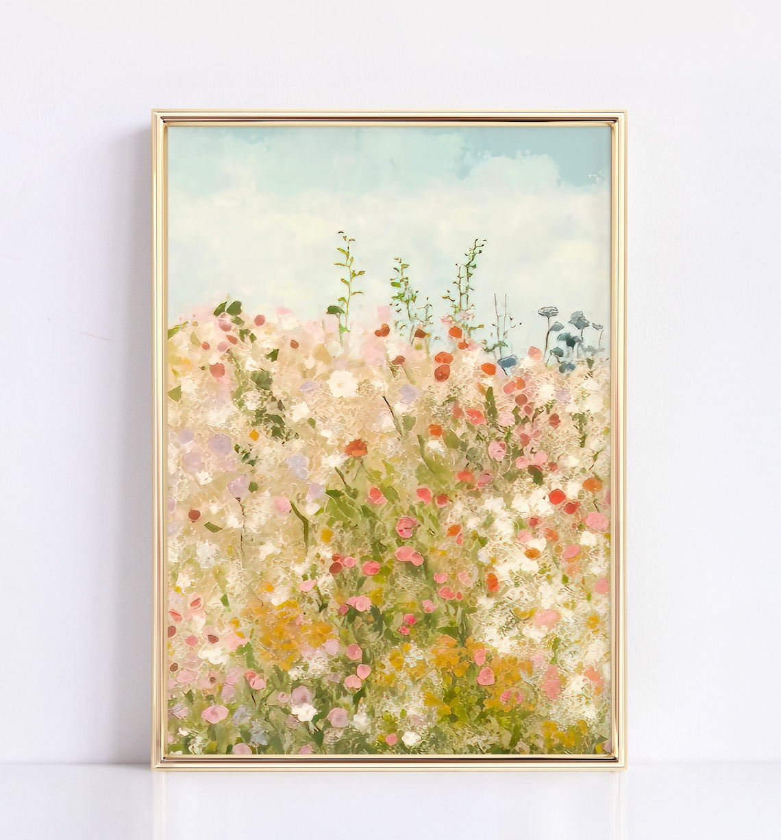 Dreamy Pink Wildflower Field Painting Soft Floral Meadow Art Poster