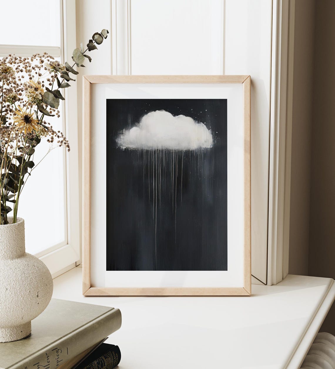 White Rain Cloud on Black Canvas Moody Gothic Minimalist Wall Art - Image 3