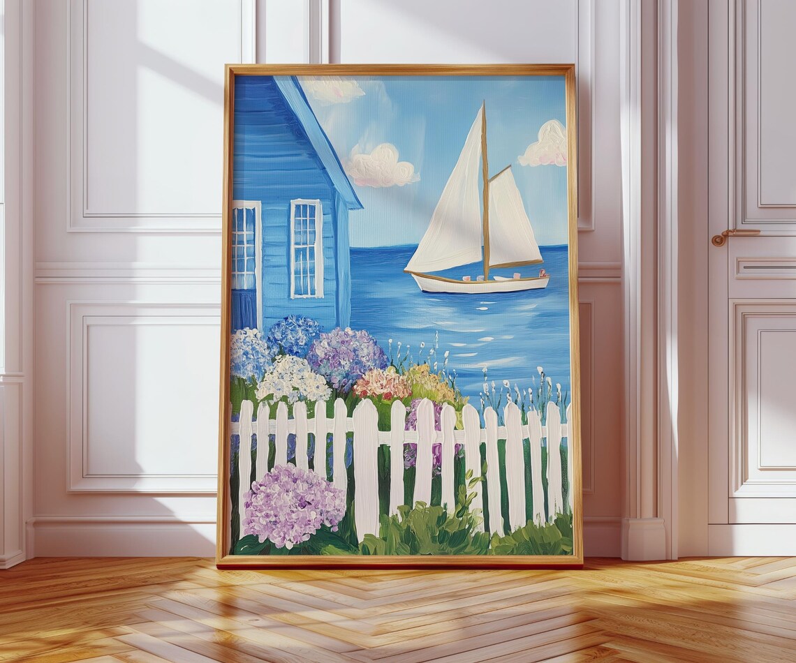 Nantucket Blue Cottage Sailboat Picket Fence Seaside Art Poster - Image 3