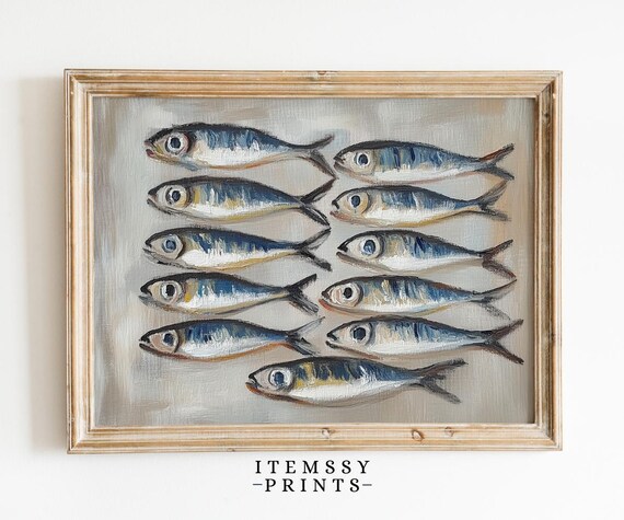 Vintage Still Life Fish Painting Sardine Art Antique Seafood Wall Decor Rustic Fish Restaurant Print Seafood Decor
