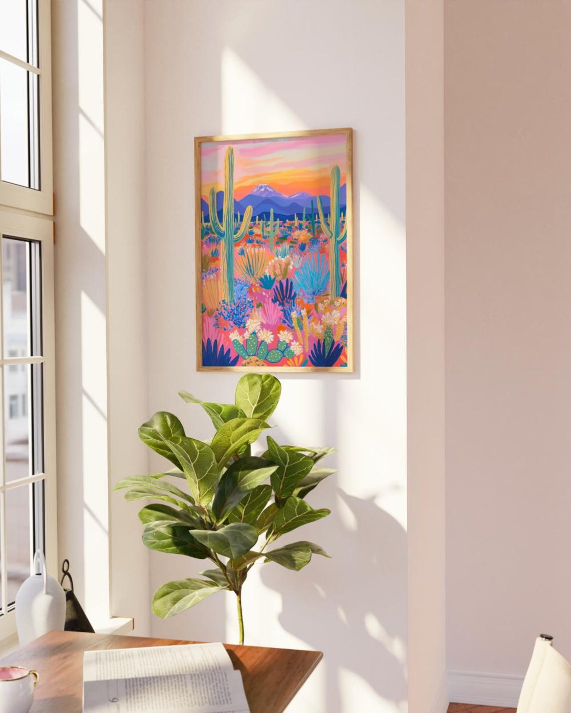 Pink Desert Sunset Saguaro Cactus Mountain Wildflower Art Poster - Image 4