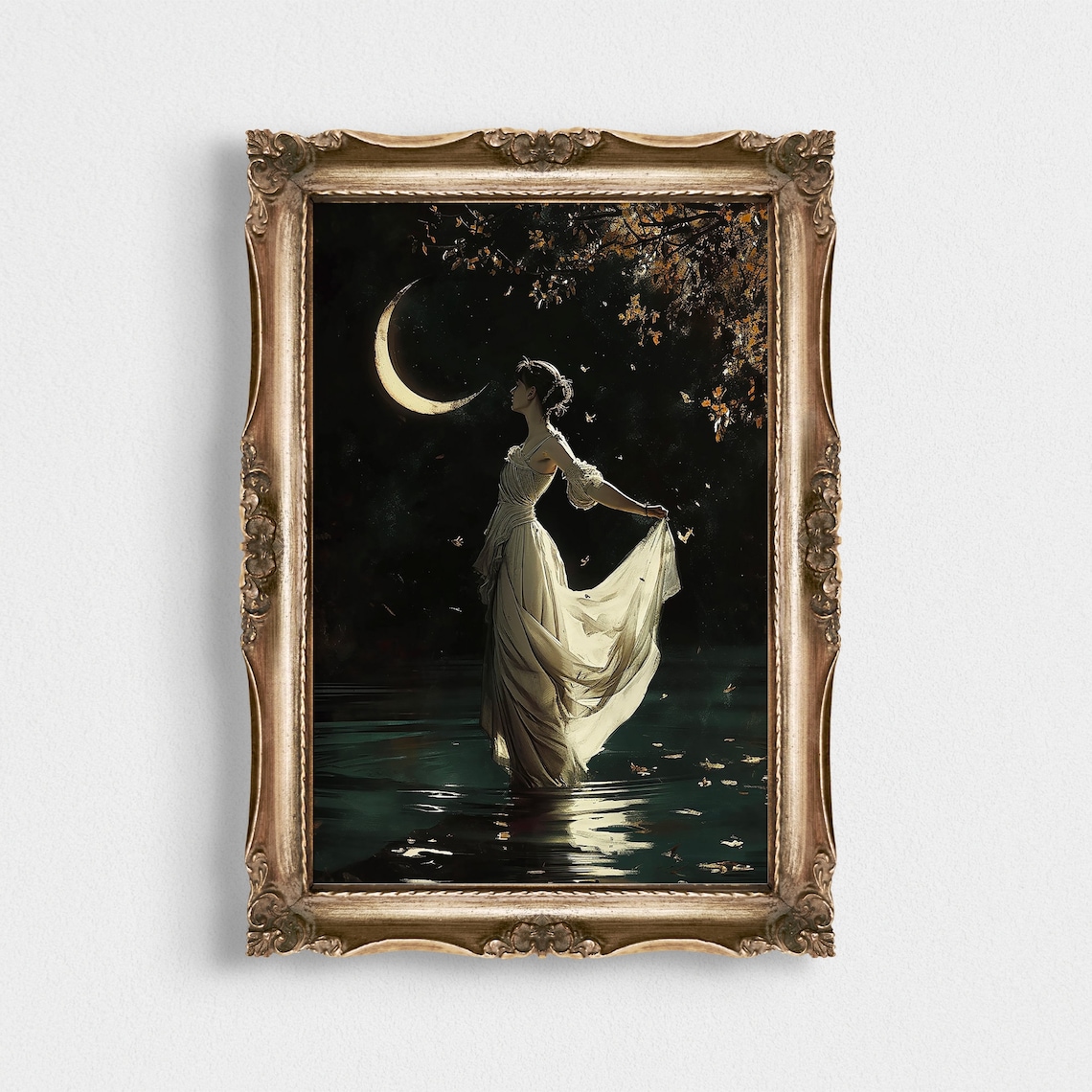 Celestial Woman Among Autumn Leaves Crescent Moon Lake Art Poster