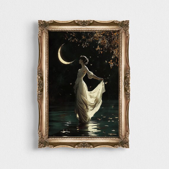 Celestial Woman Among Autumn Leaves Crescent Moon Lake Art Poster