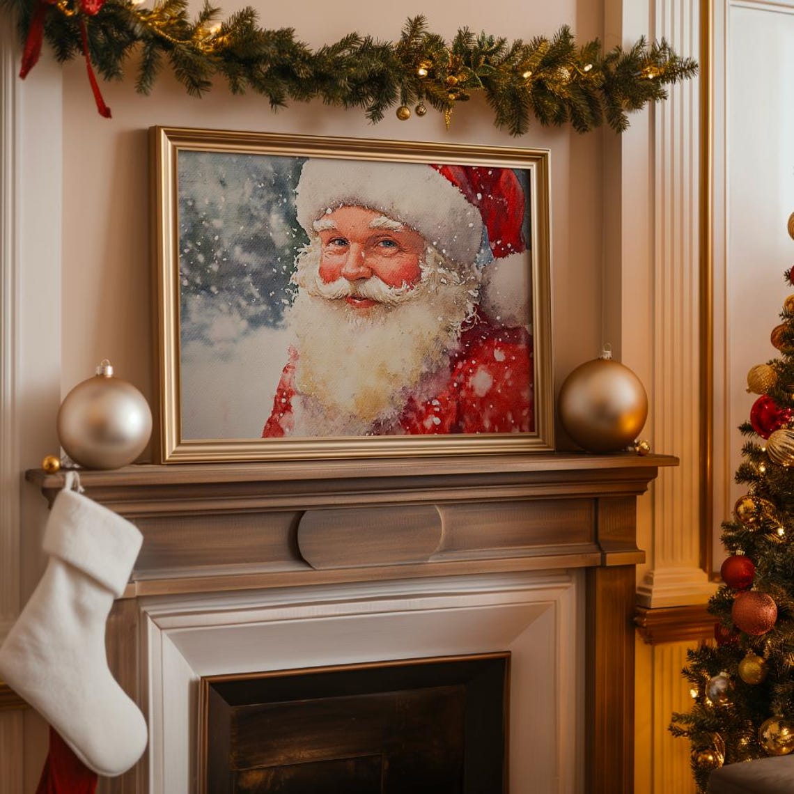 Santa Claus Smiling Portrait In Falling Snow Watercolor Poster - Image 2