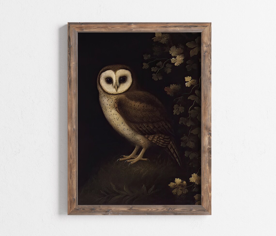 Barn Owl Perched In Dark Woods Vintage Moody Wildlife Painting Poster - Image 3