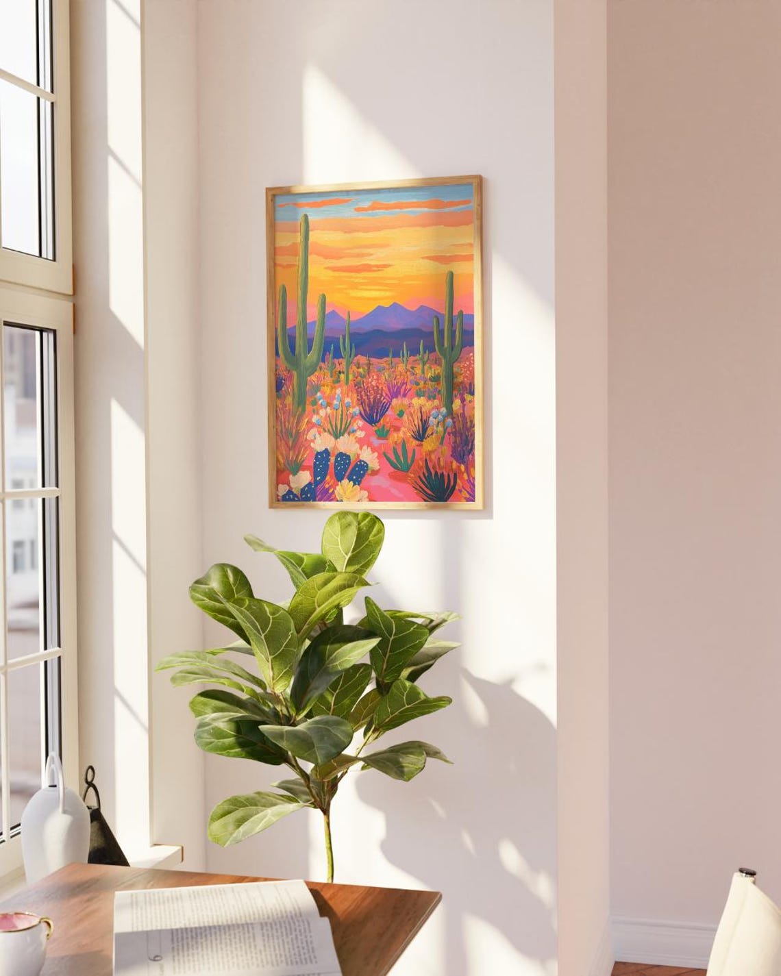 Desert Sunset Saguaro Cactus Wildflower Bloom Western Art Poster - Image 2