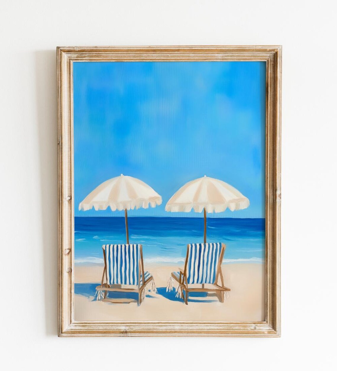 Blue Striped Beach Chairs Painting Umbrellas Coastal Art Poster - Image 2