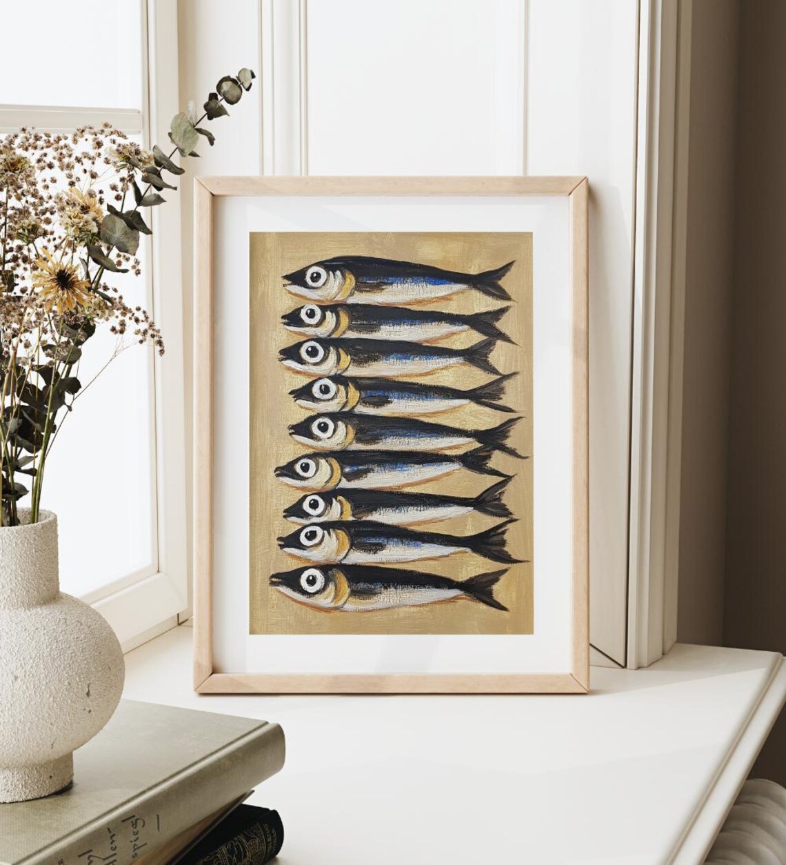 Nine Sardines Row Bold Folk Art Painting Gold Ground Fish Poster - Image 4