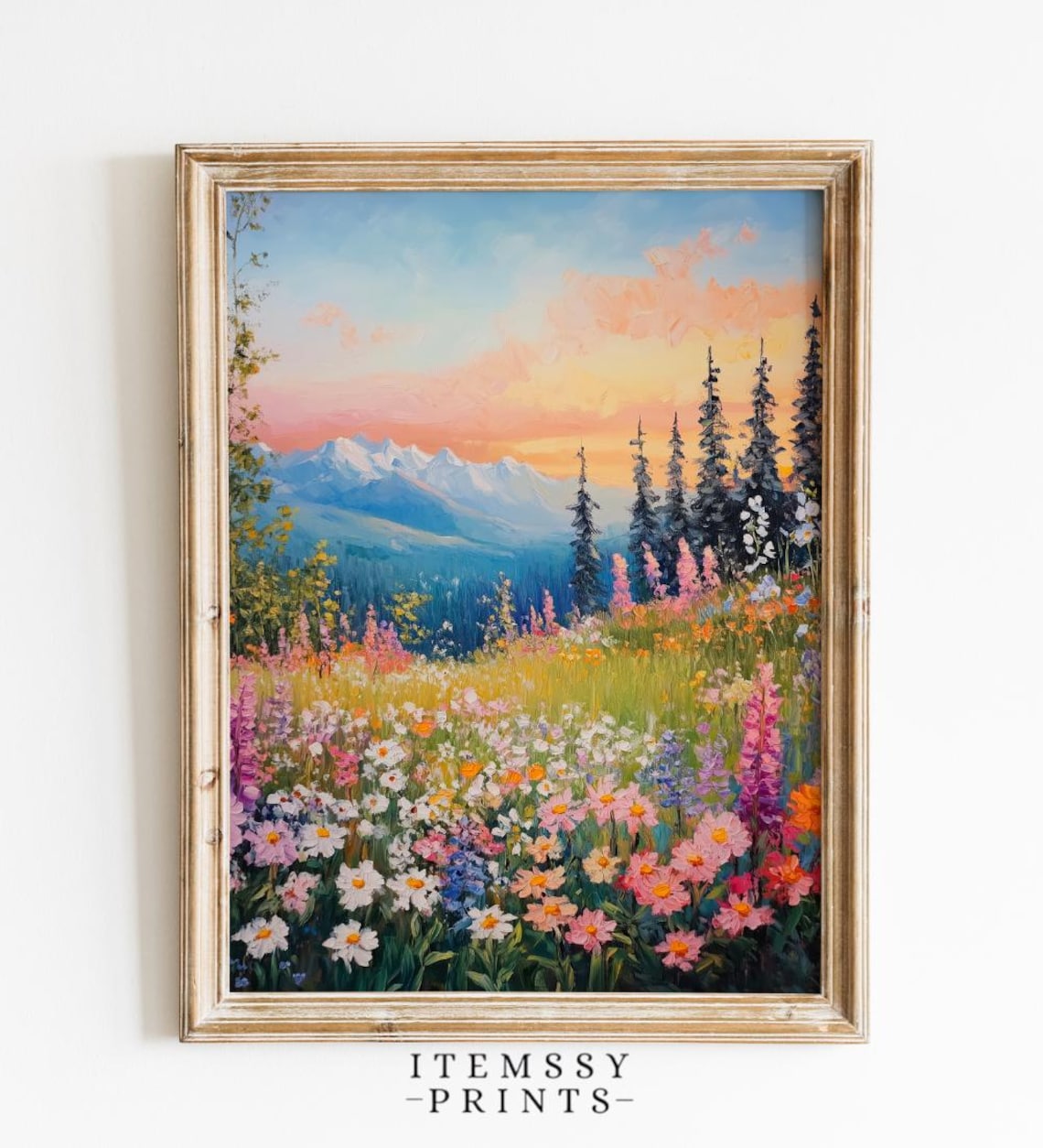 Wildflower Meadow Sunset Snowy Mountains Pine Forest Art Print