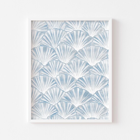 Blue and White Scallop Seashell Pattern Coastal Home Decor Poster