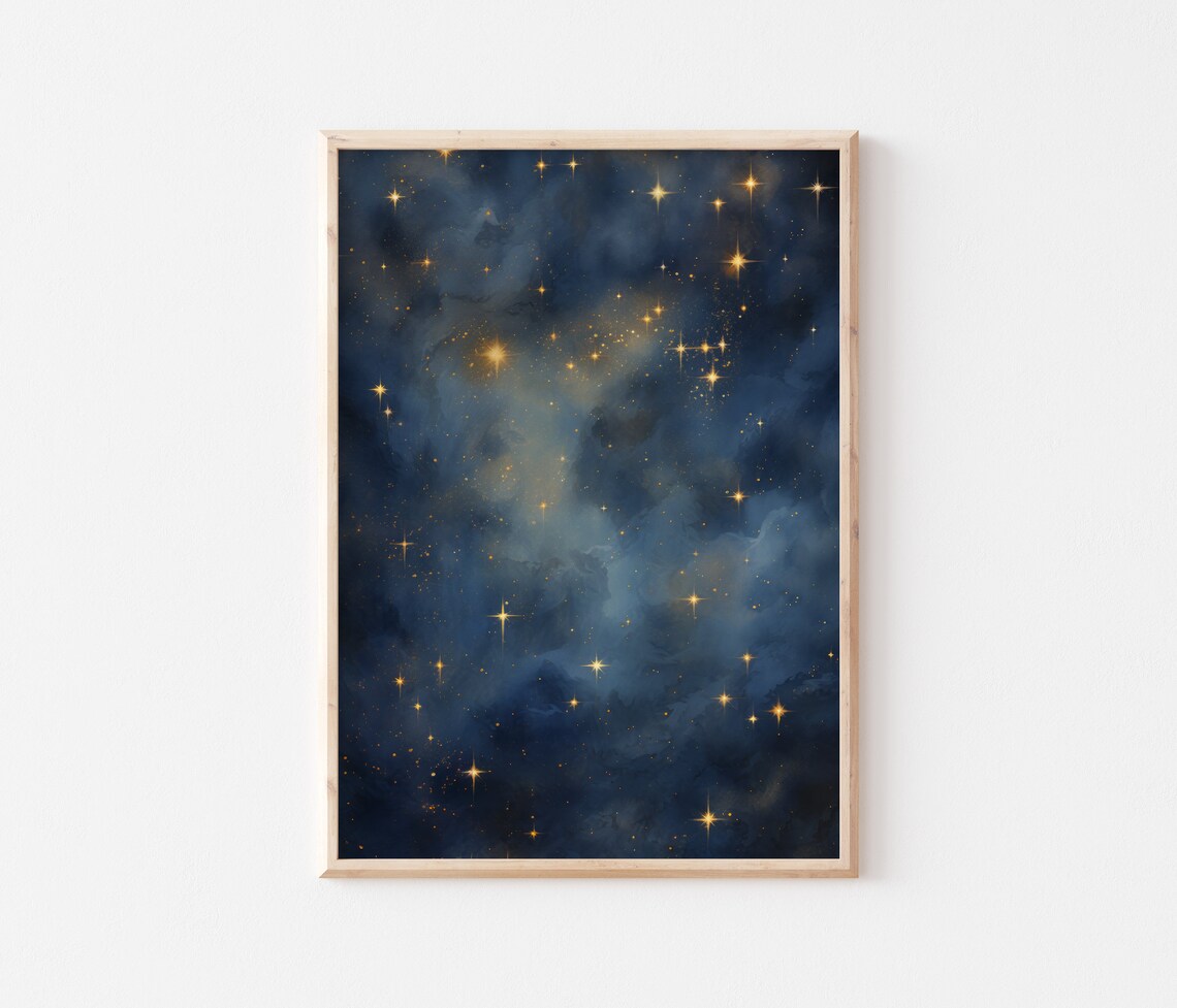 Deep Blue Watercolor Night Sky Golden Twinkling Stars Poster - Image 2