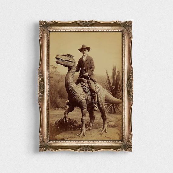 Prehistoric Dinosaur Cowboy Vintage Photography Dark Academia Gothic Occult Poster Jurassic Poster Print Western Gothic Home Decor