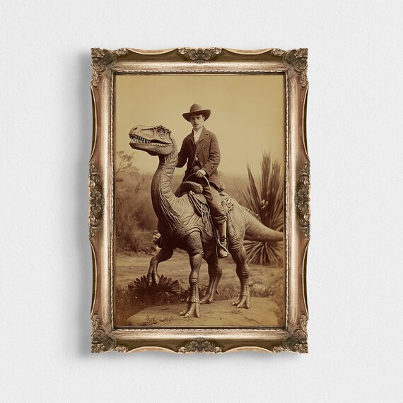 Quirky Cowboy Riding a Dinosaur Sepia Vintage Photograph Wall Art