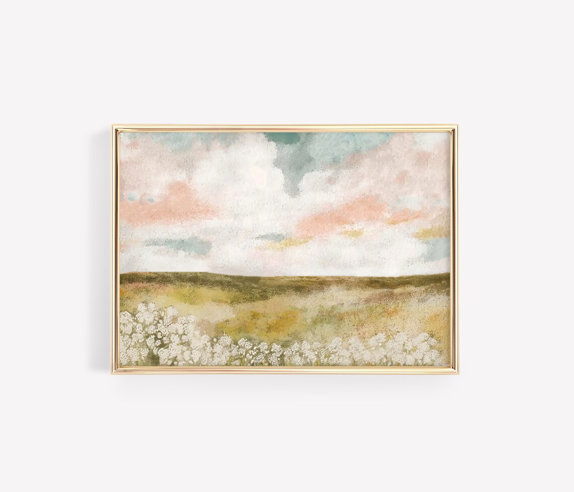 Spring Landscape Print Cloudy Pink Sky Wall Art Country Farmhouse Landscape Oil Painting Neutral Pastel Girls Room Decor - Image 2