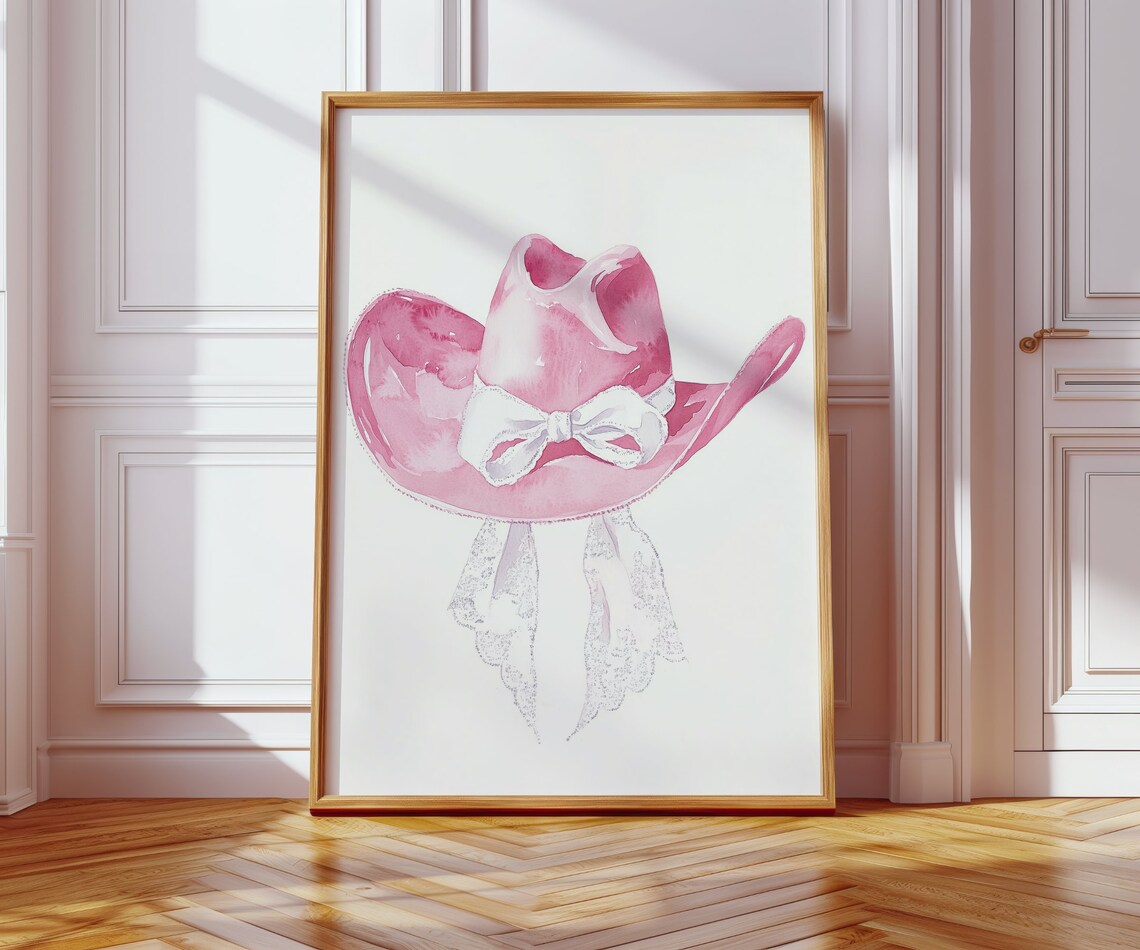 Pink Cowgirl Hat with White Bow Watercolor Girly Western Wall Art - Image 3