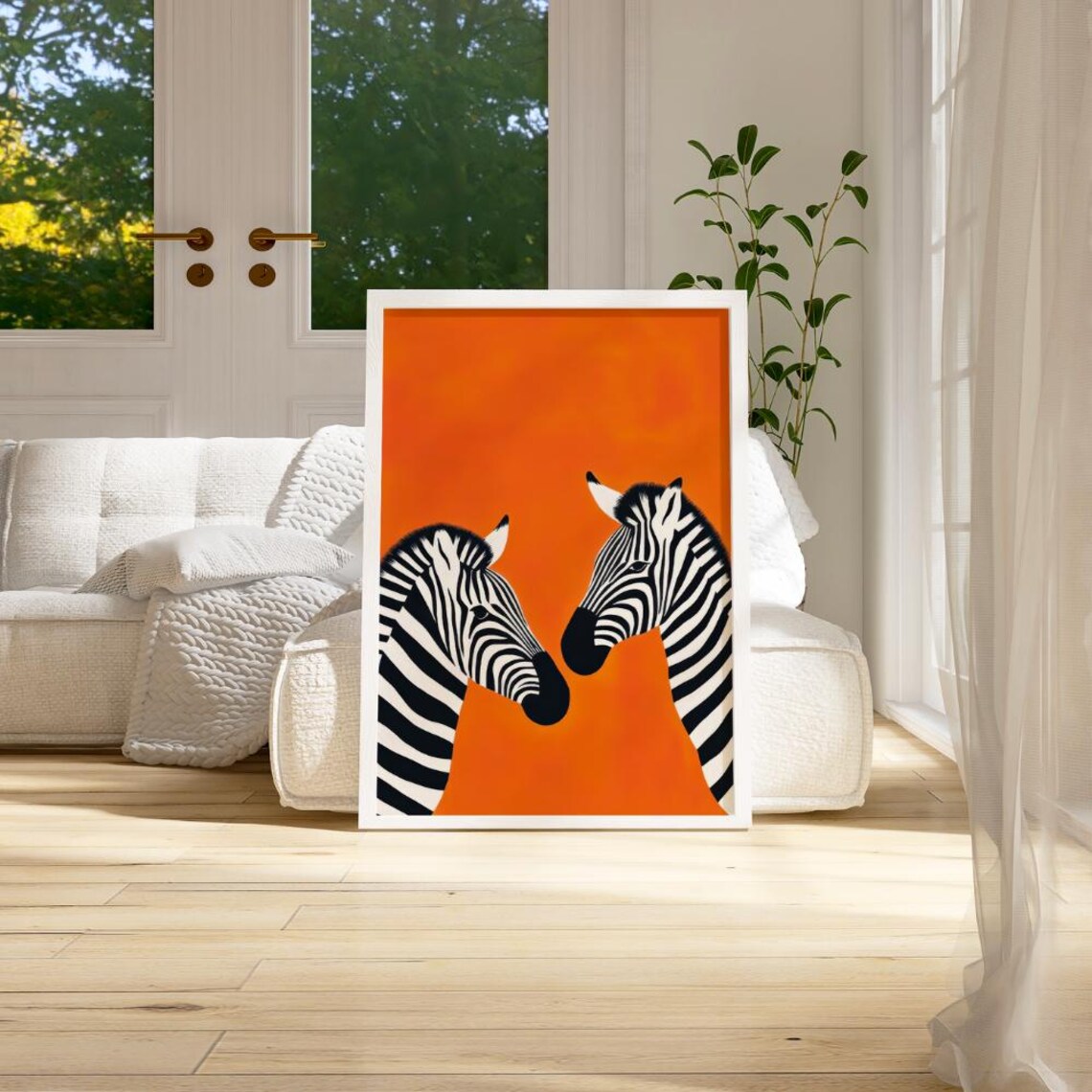Two Zebras Nose to Nose on a Vivid Burnt Orange Modern Art Poster - Image 2