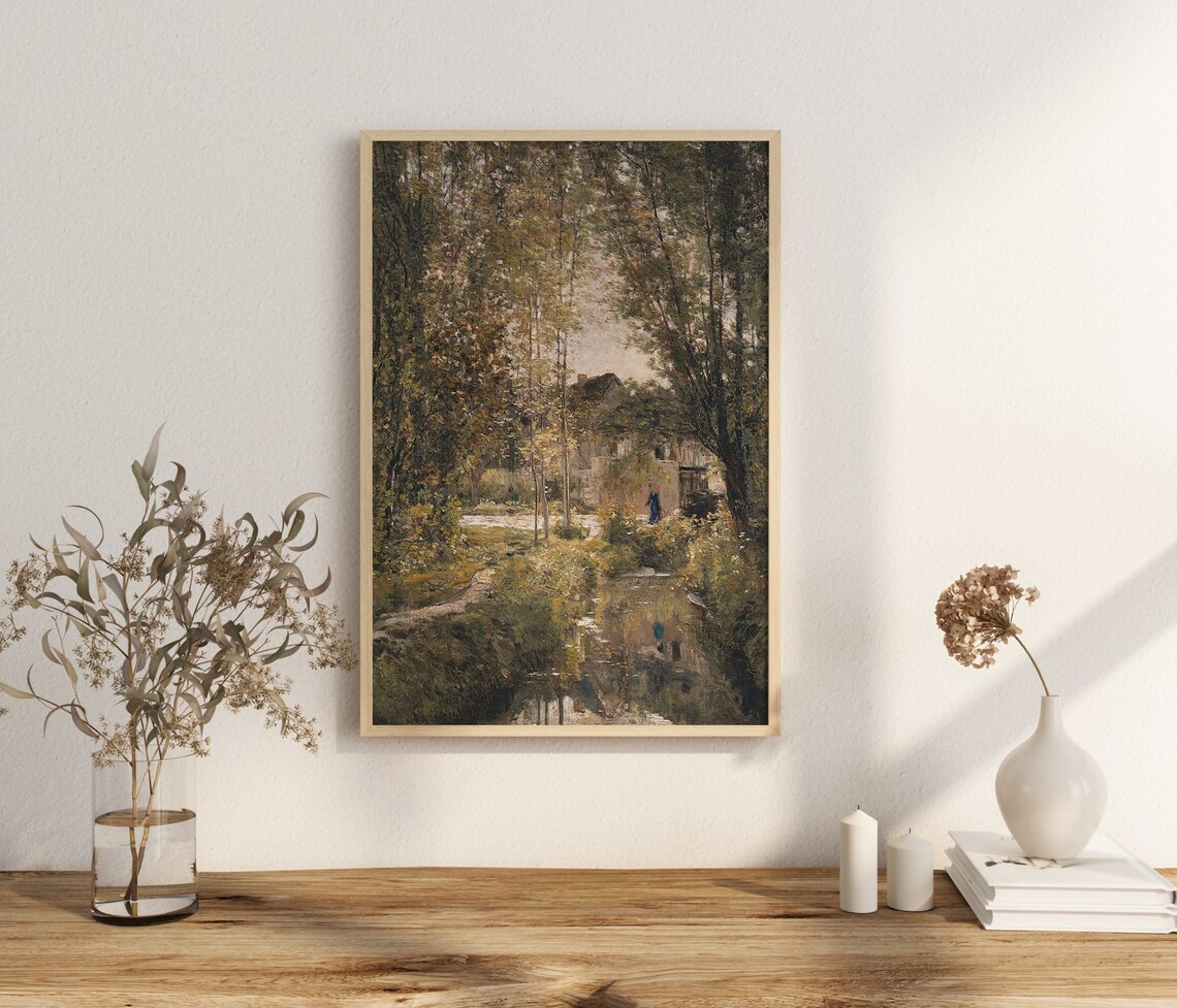 Vintage Stream Through Woodland Country House Oil Painting Summer Poster - Image 3