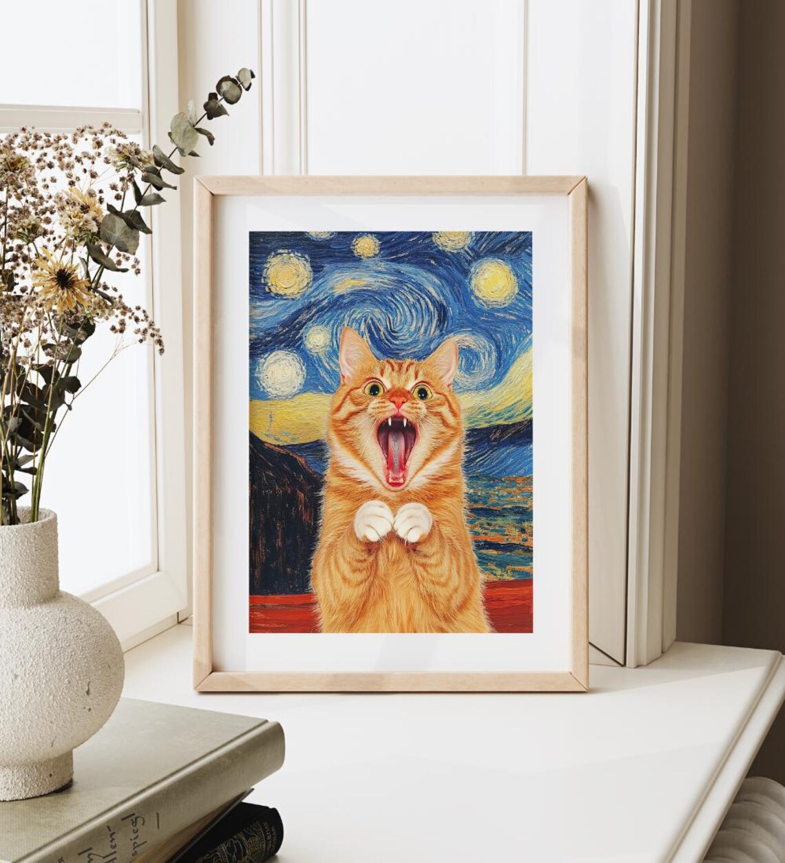 Screaming Orange Cat in Van Gogh Starry Night Funny Mashup Art Poster - Image 4