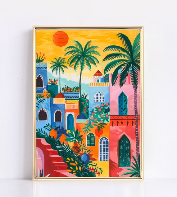 Colorful Moroccan Old Town Palm Trees Bright Sun Illustration Poster