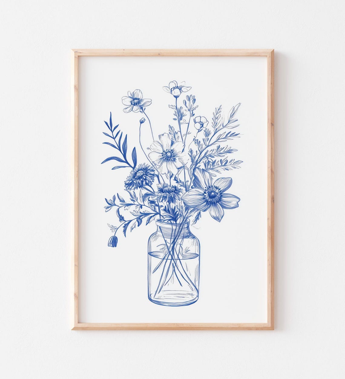Blue Ink Floral Bouquet Mason Jar Vintage Botanical Drawing Poster - Image 3