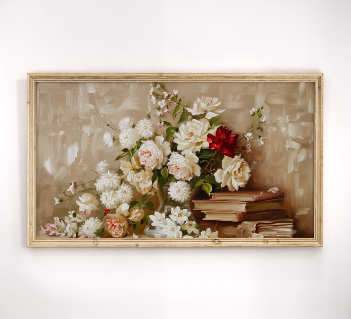 Neutral Beige Roses With Old Books Soft Romantic Floral Art Poster