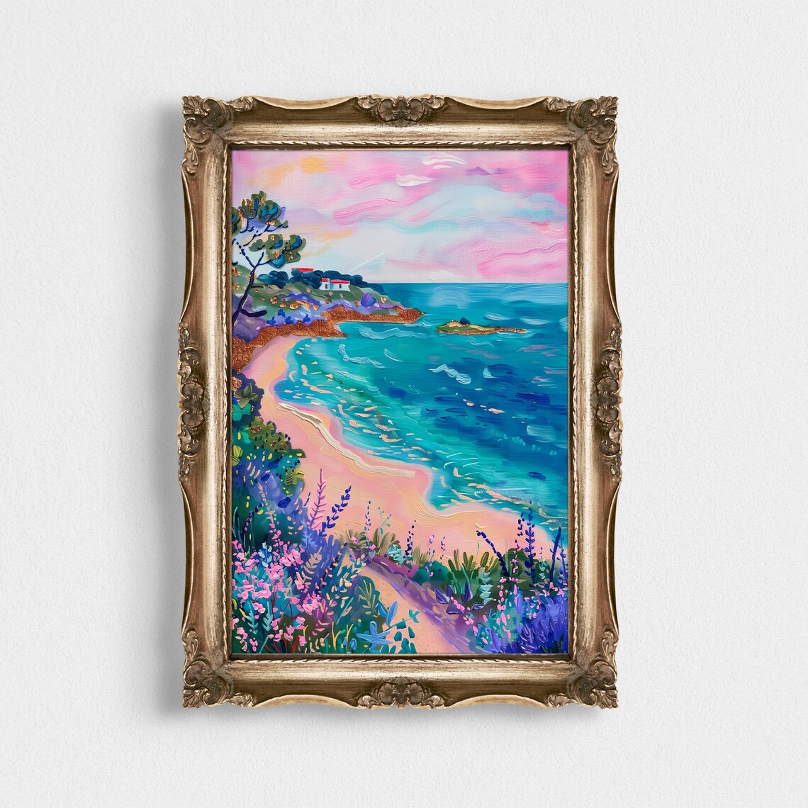 Pink Sunset Seascape Beach Cove Wildflower Oil Painting Poster