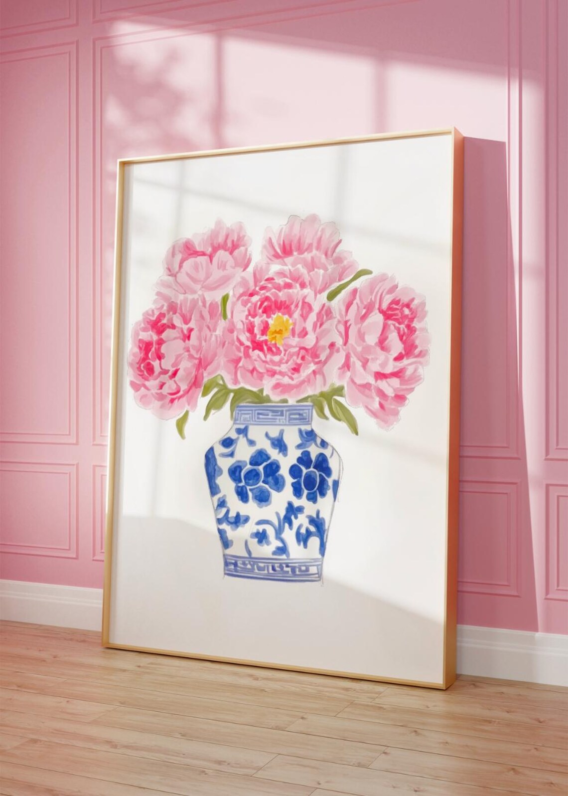 Pink Peonies Watercolor Painting Blue White Floral Vase Poster - Image 2