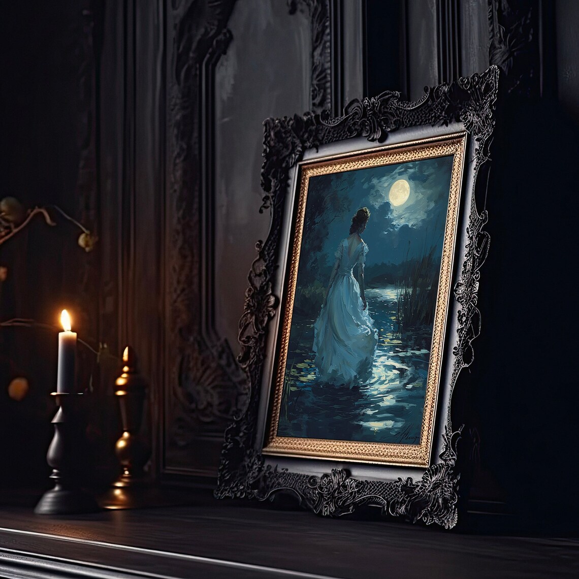 Woman In White Dress Walking Into Moonlit Water Night Art Poster - Image 2