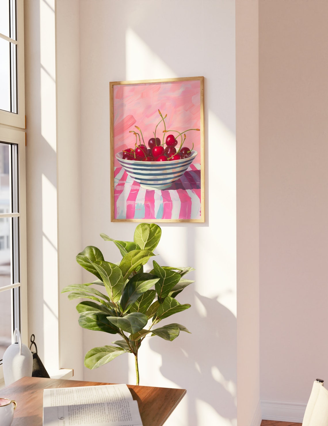 Cherry Bowl Red Cherries Pink Striped Tablecloth Retro Kitchen Poster - Image 3
